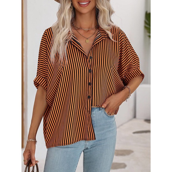 boho minimalist preppy Striped black white button up Batwing Sleeve Shirt - Picture 10 of 11